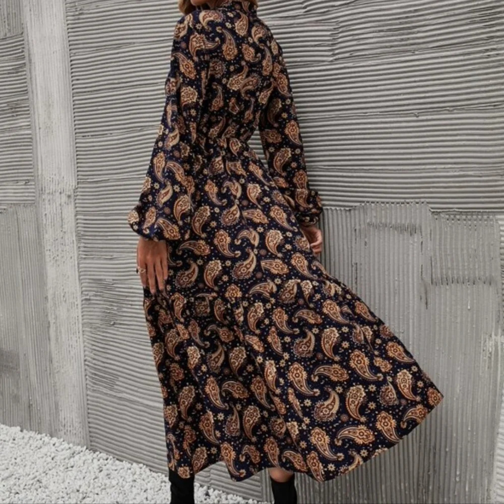 Boho Black Paisley Print Ruffle Midi Dress - Picture 4 of 4